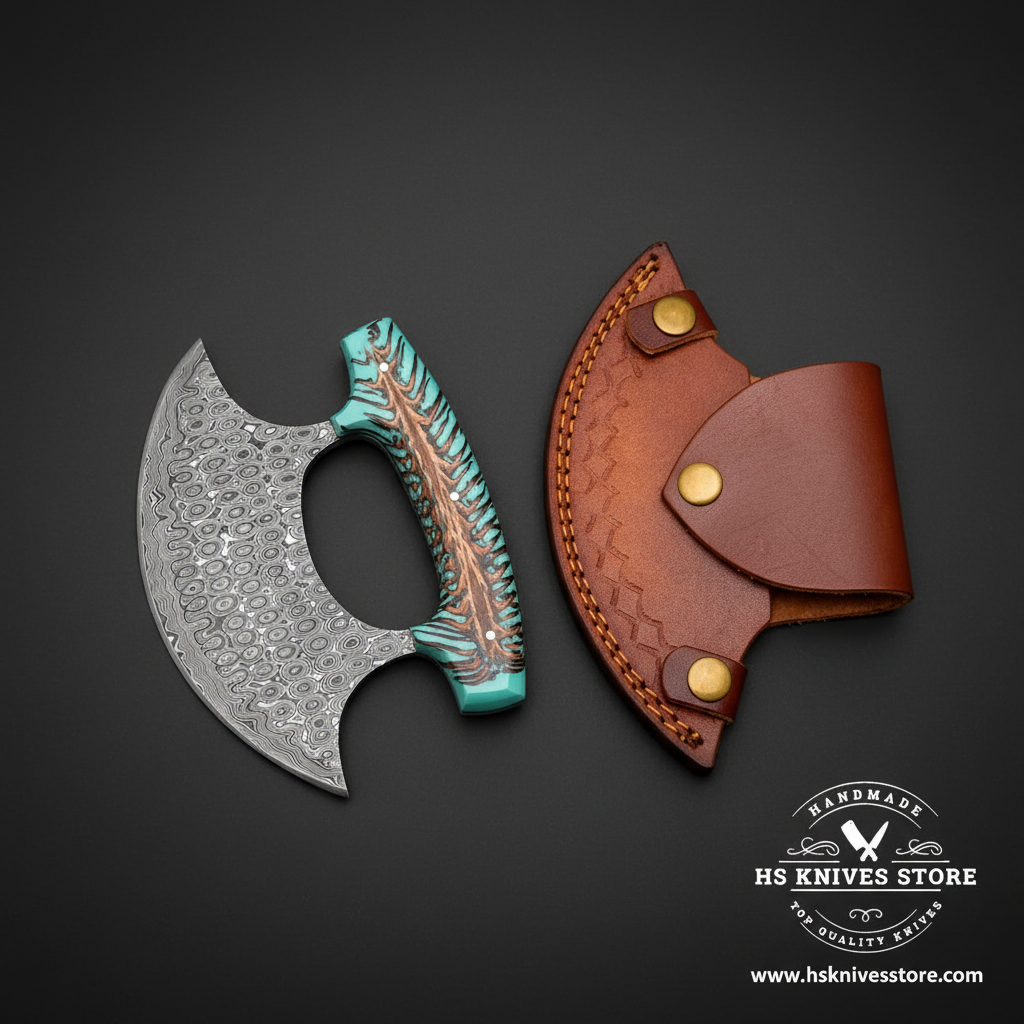 Raindrop Damascus ulu knife with pine cone teal resin handle and tan crescent leather sheath mirror view on dark charcoal background