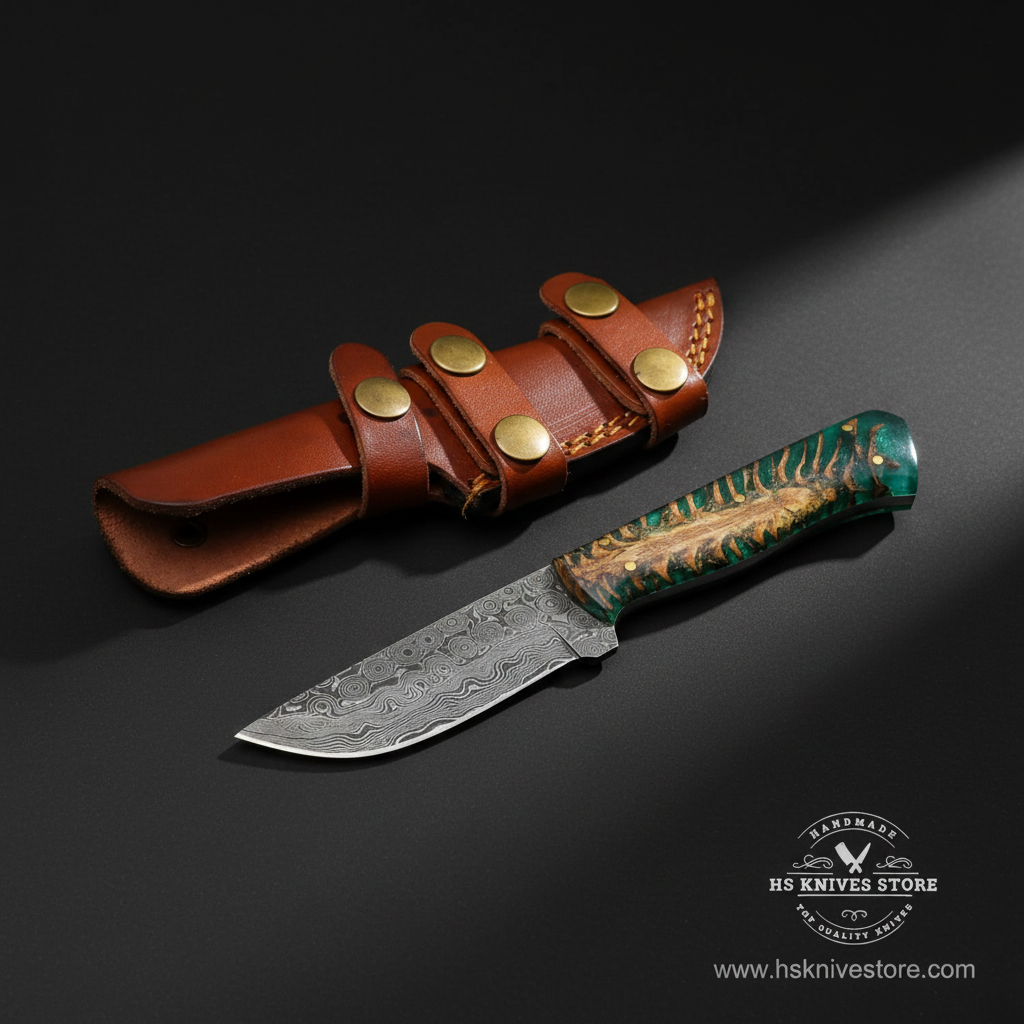 Damascus steel skinner knife with emerald green resin pine cone handle and tan leather belt sheath on dark charcoal background studio shot
