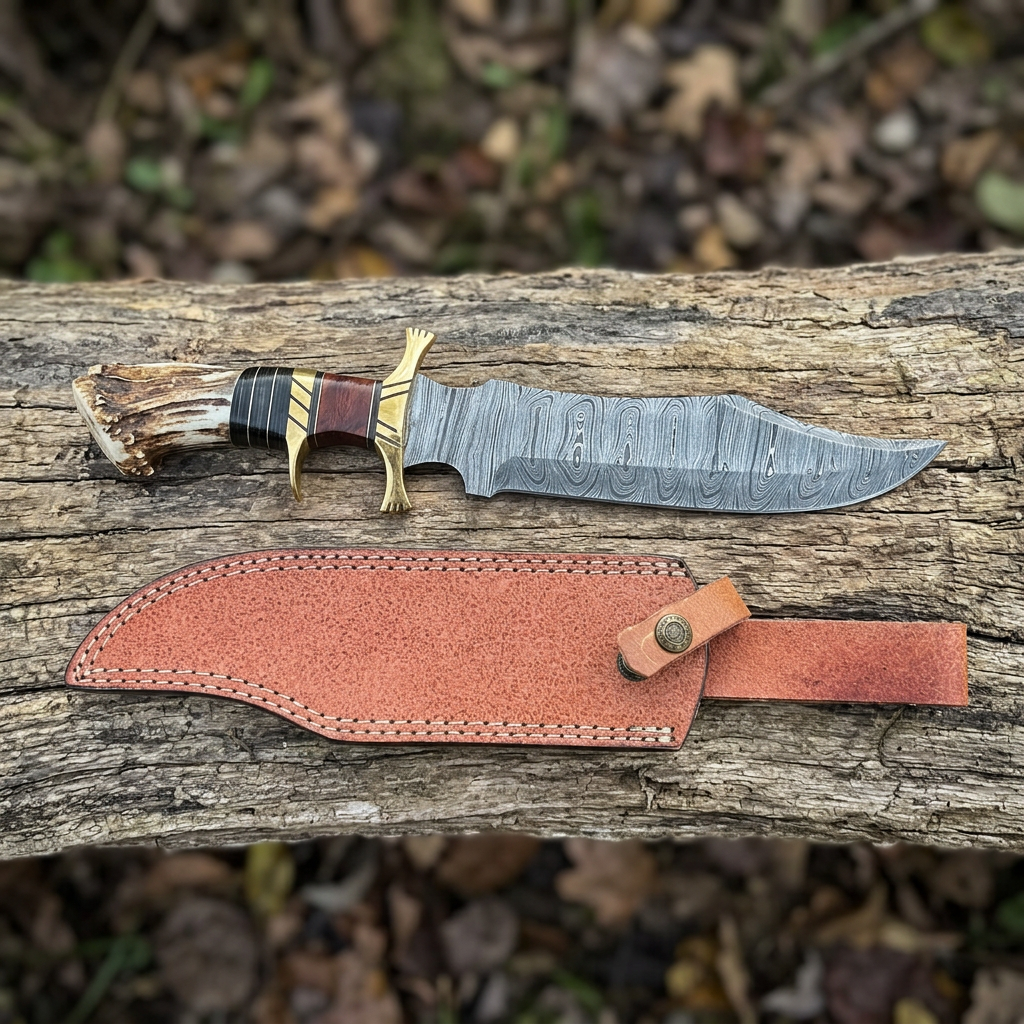 Hand-forged Damascus Bowie knife and cow leather sheath on outdoor timber