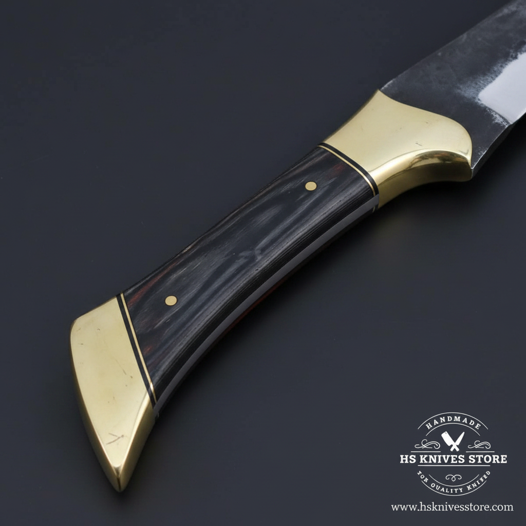 Macro view of black Micarta and wood handle scales with brass bolster and hooked pommel