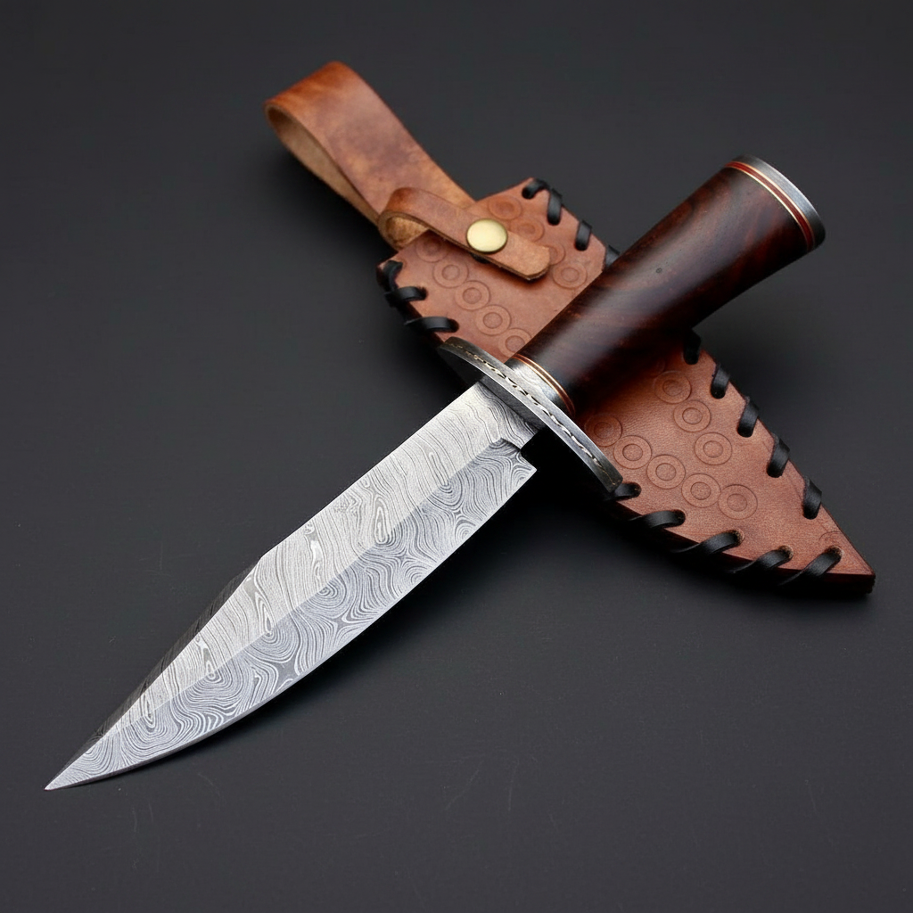 Damascus Bowie knife with rosewood handle and embossed leather sheath, mirror studio shot left facing