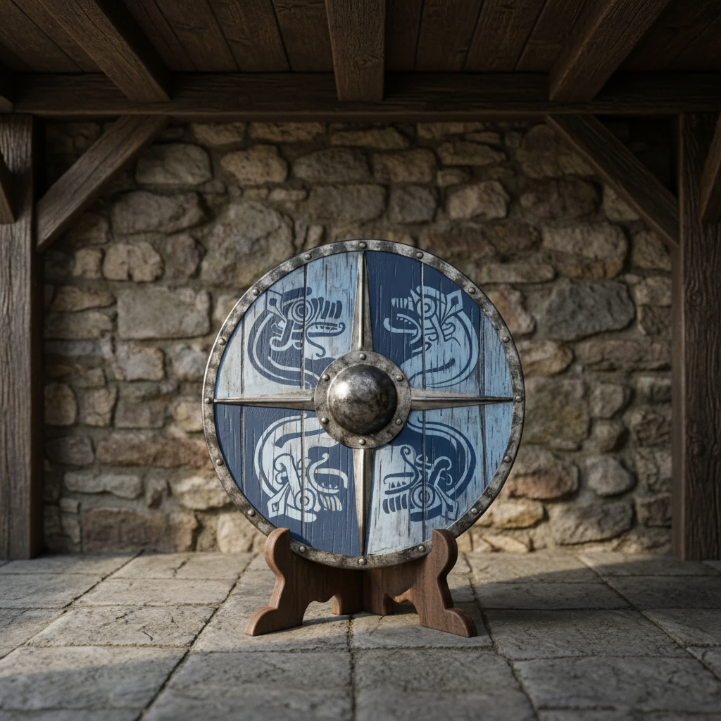 Round wooden Viking Raven Shield with raven artwork displayed in a stone and timber Nordic interior