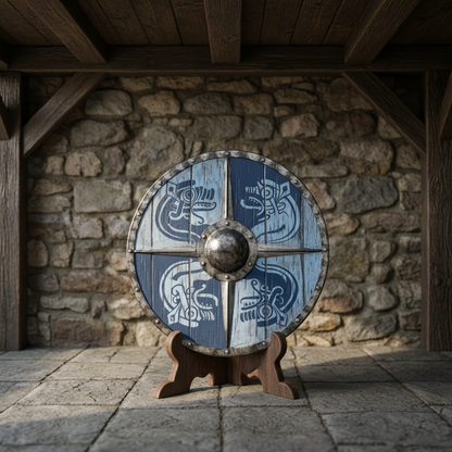 Round wooden Viking Raven Shield with raven artwork displayed in a stone and timber Nordic interior