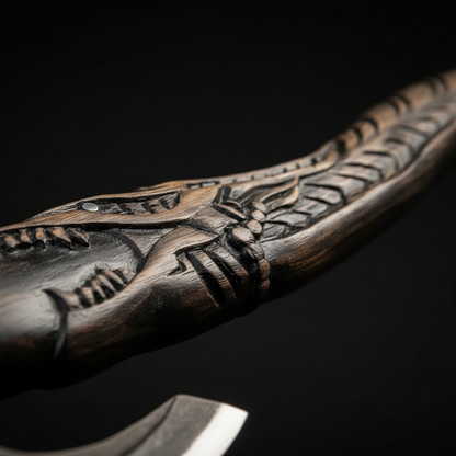 Close-up macro of dragon knotwork carved dark wood Viking axe handle with braided leather wrap detail