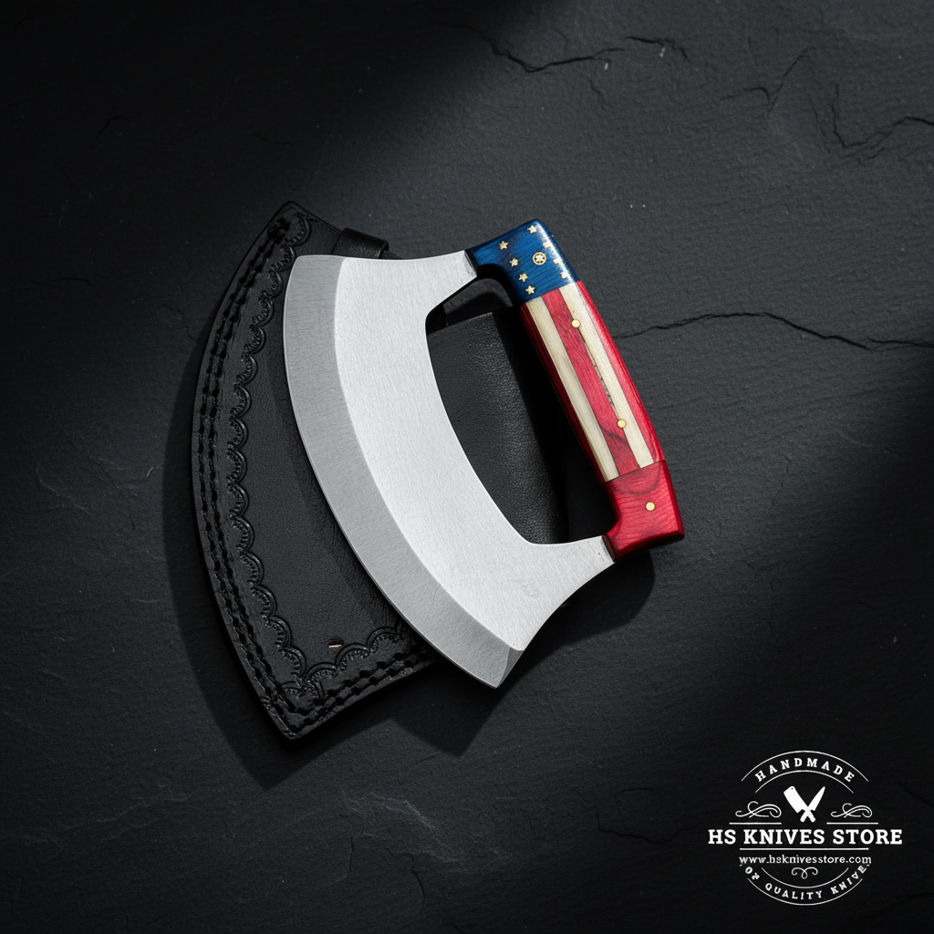D2 steel ulu knife with American flag handle and black leather sheath displayed vertically on dark slate luxury studio background