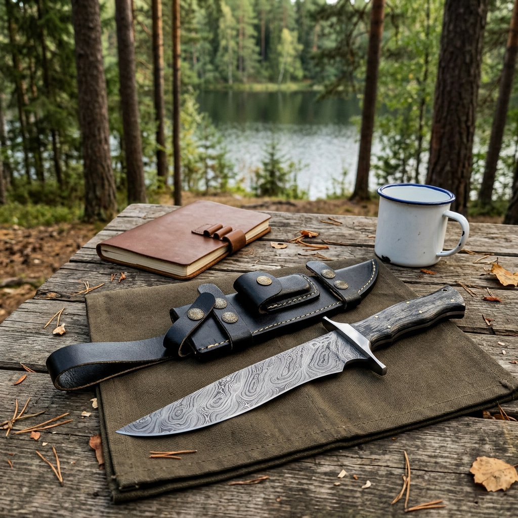 Campsite collector display of Damascus Bowie and separate leather sheath