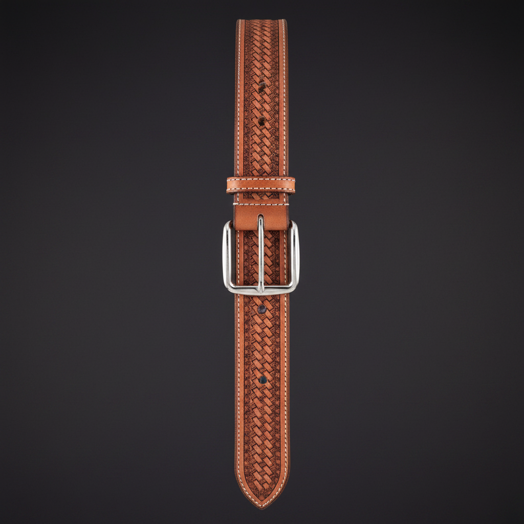 Hand-tooled tan leather western belt hanging vertical charcoal background full length silver buckle
