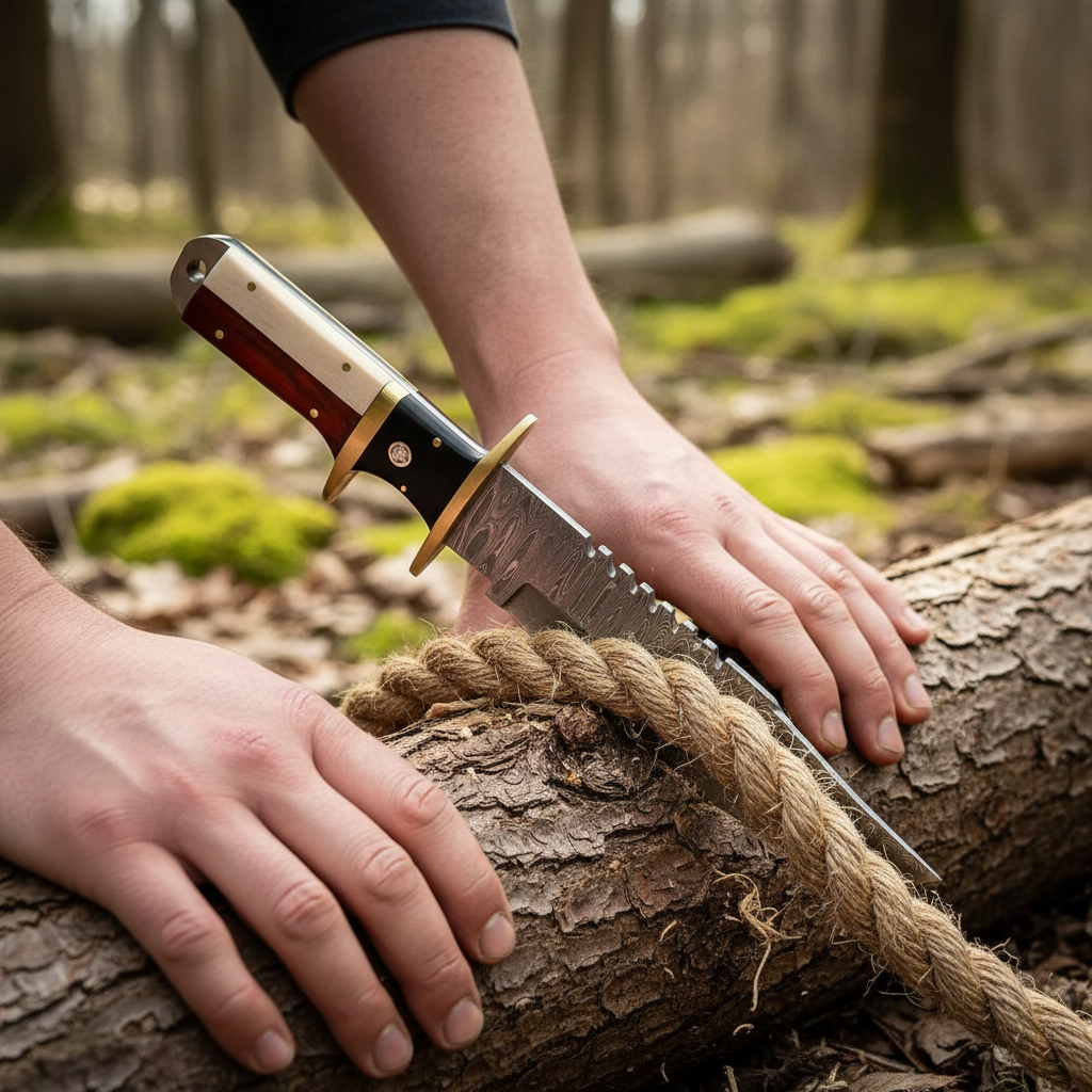Hands cutting rope with handmade Damascus Bowie knife rosewood bone handle outdoor action shot