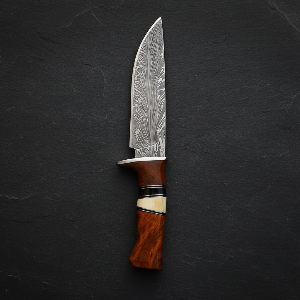 Damascus steel hunting knife with rosewood handle vertical luxury shot on dark charcoal slate background blade pointing up