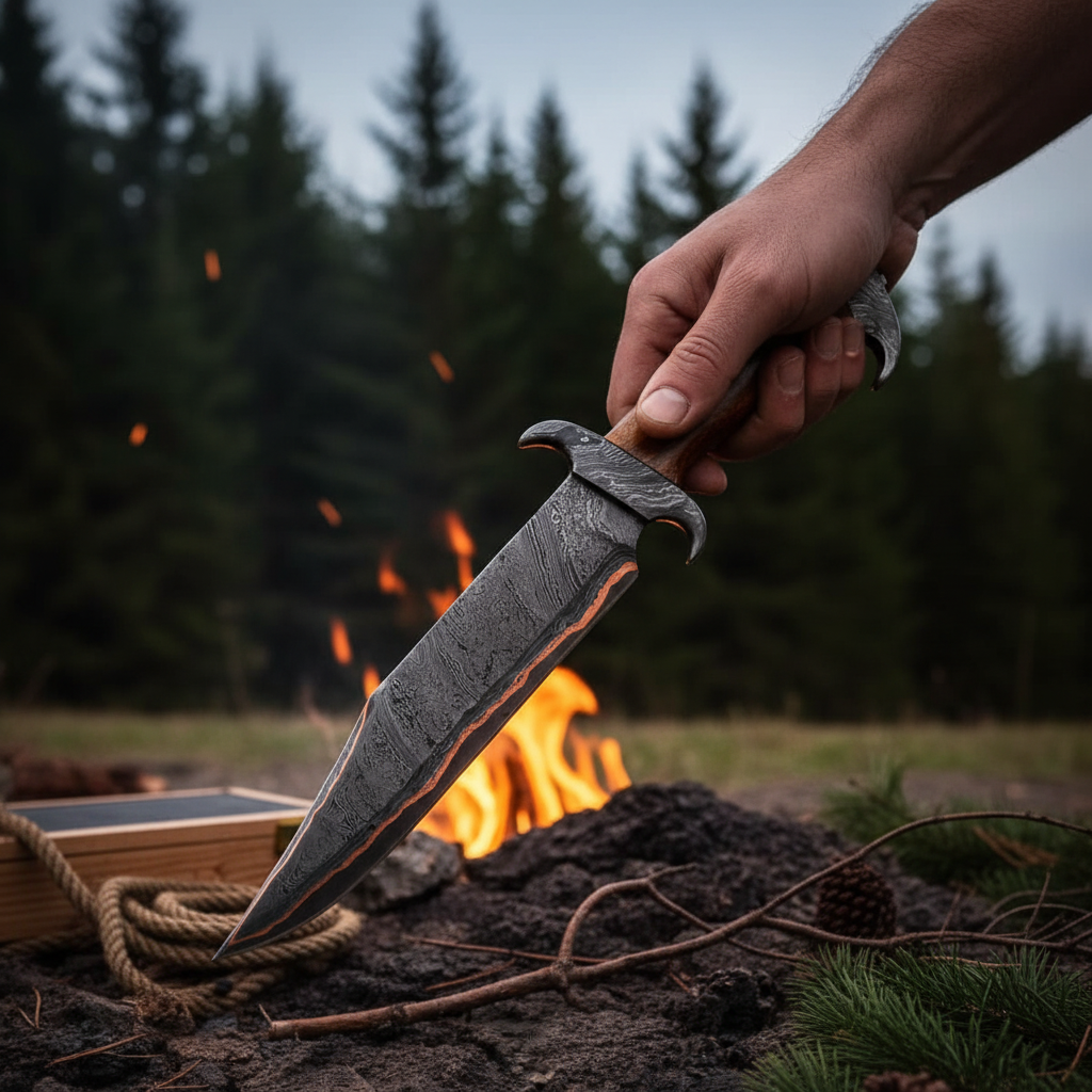 Outdoorsman hand gripping copper Damascus Bowie knife with wood handle beside campfire field use lifestyle photography