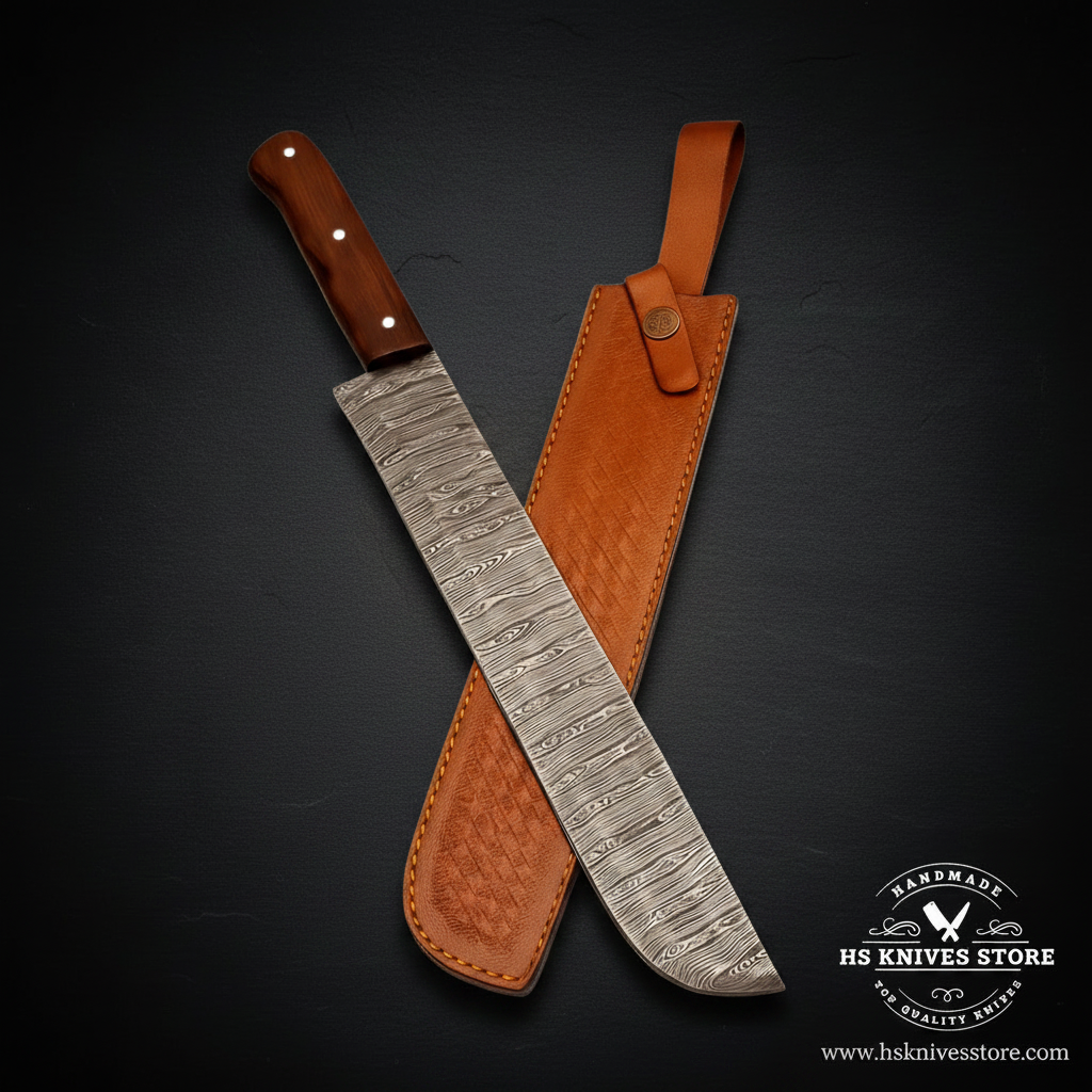 Natural rosewood Damascus brisket slicing knife with tan leather sheath on charcoal background