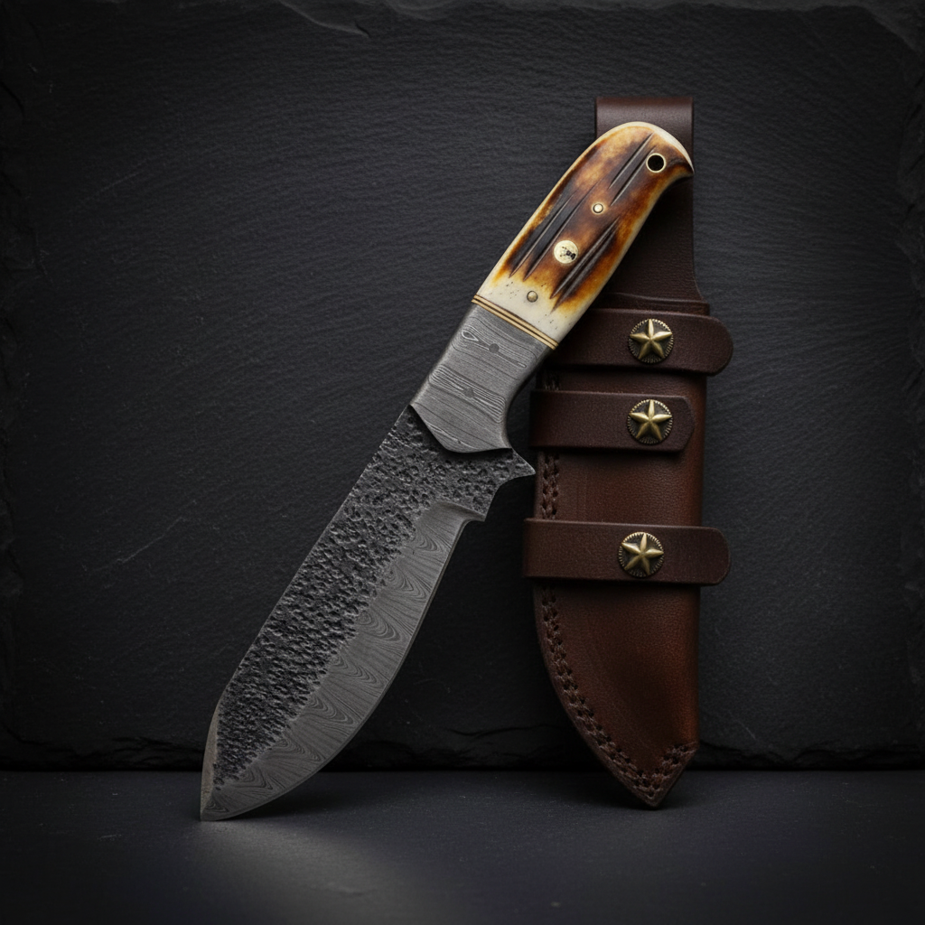 Luxury shot of handmade Damascus tracker hunting knife on dark slate background with leather sheath
