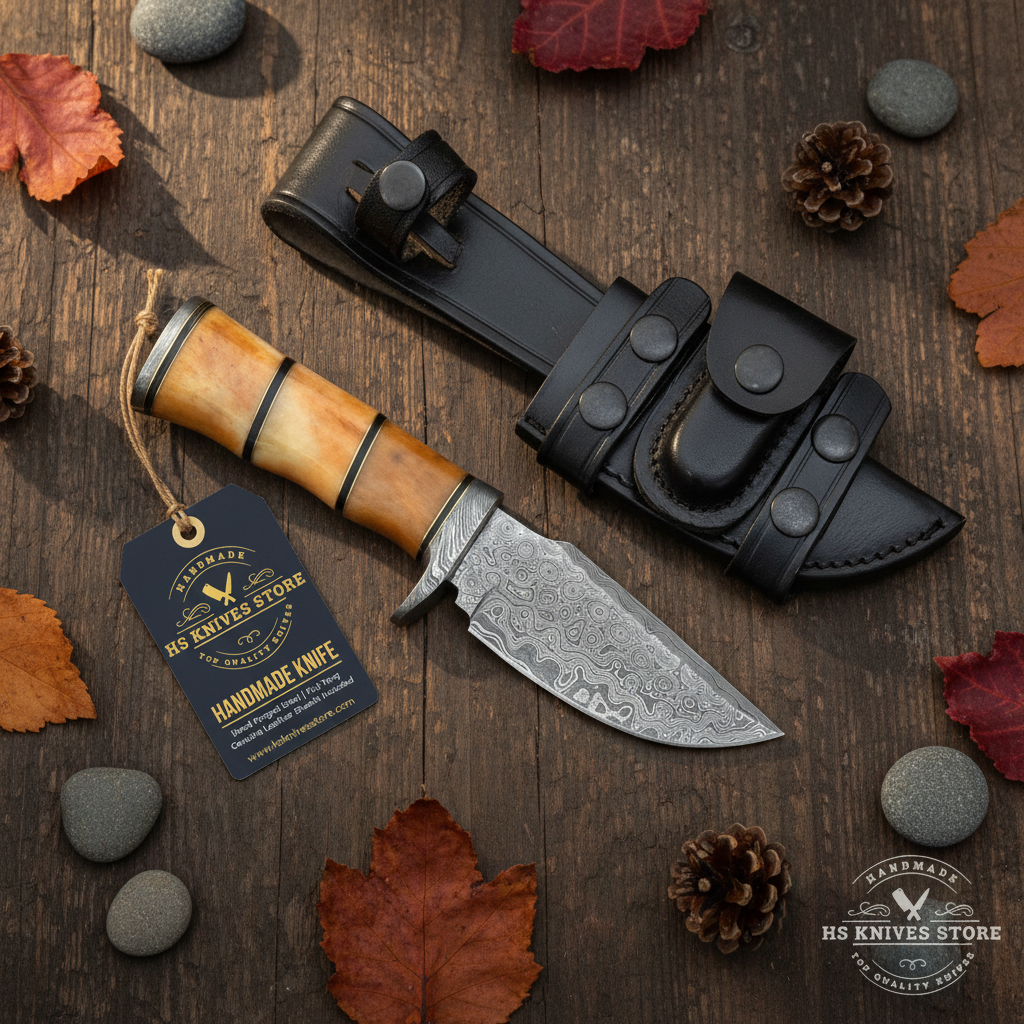 Damascus steel skinner knife camel bone handle flat lay on dark rustic wood with HS Knives Store hang tag attached autumn leaves pine cones