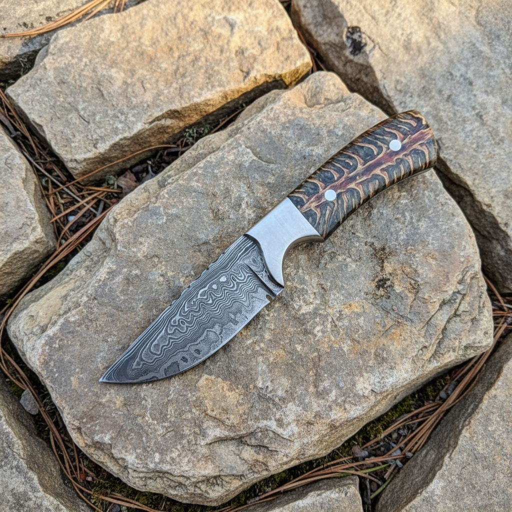 Handmade Damascus skinner knife pinecone resin handle on natural stone outdoors