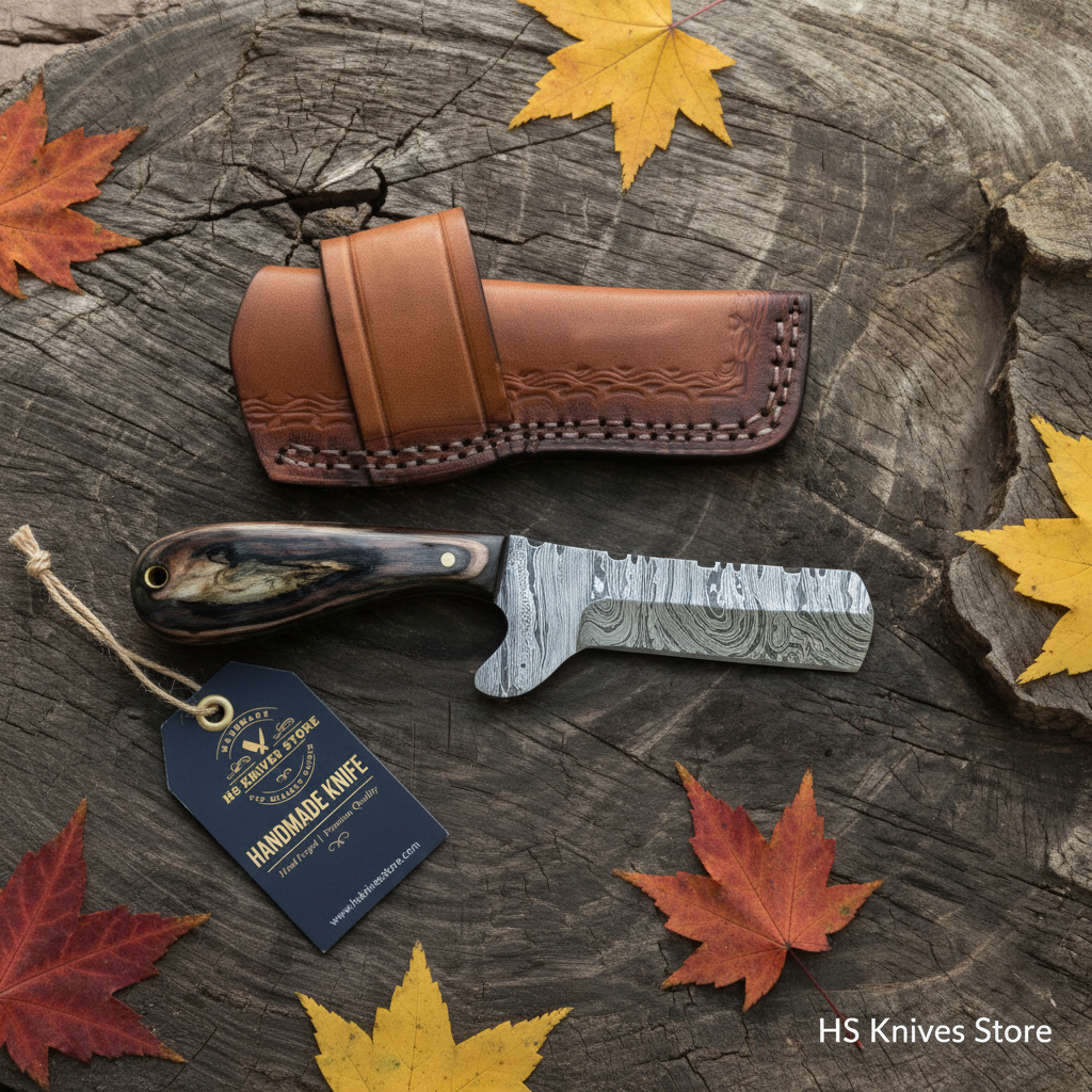 Damascus bull cutter knife flat lay with pakkawood handle tan leather sheath hang tag and autumn leaves on dark rustic wood