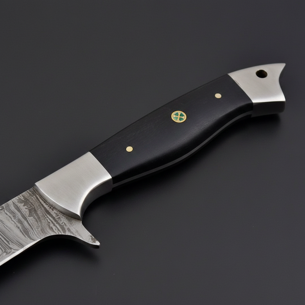 Close-up macro of black micarta handle with brass pins, green cross medallion, steel bolster finger notch and pommel cap
