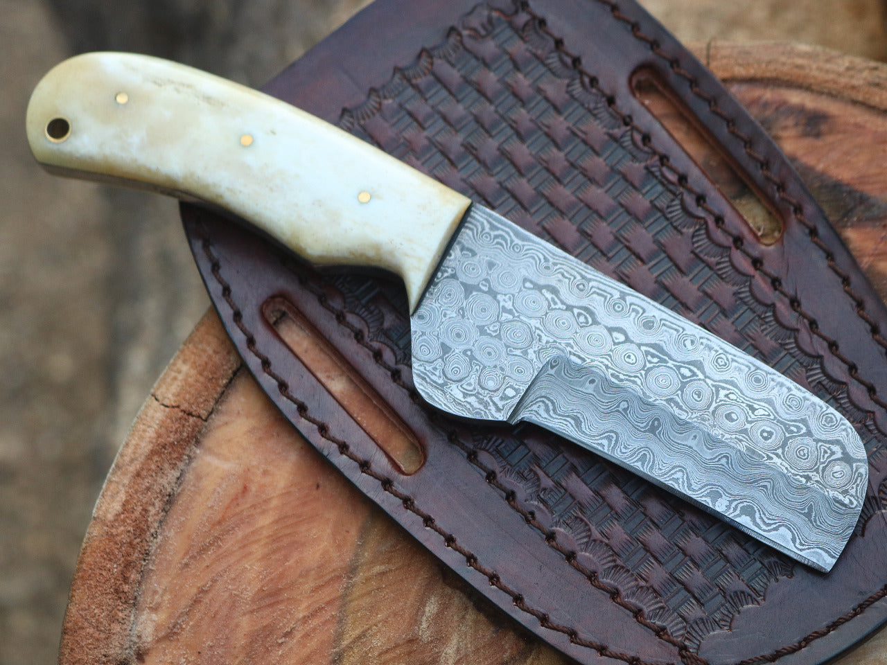 HS-995 Custom handmade Damascus cowboy bull cutter knife bone handle gift for cowgirl gift for husband