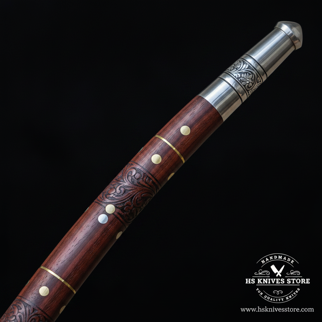 Macro view of the curved rosewood shaft with engraved steel collar, pin inlays, and end cap