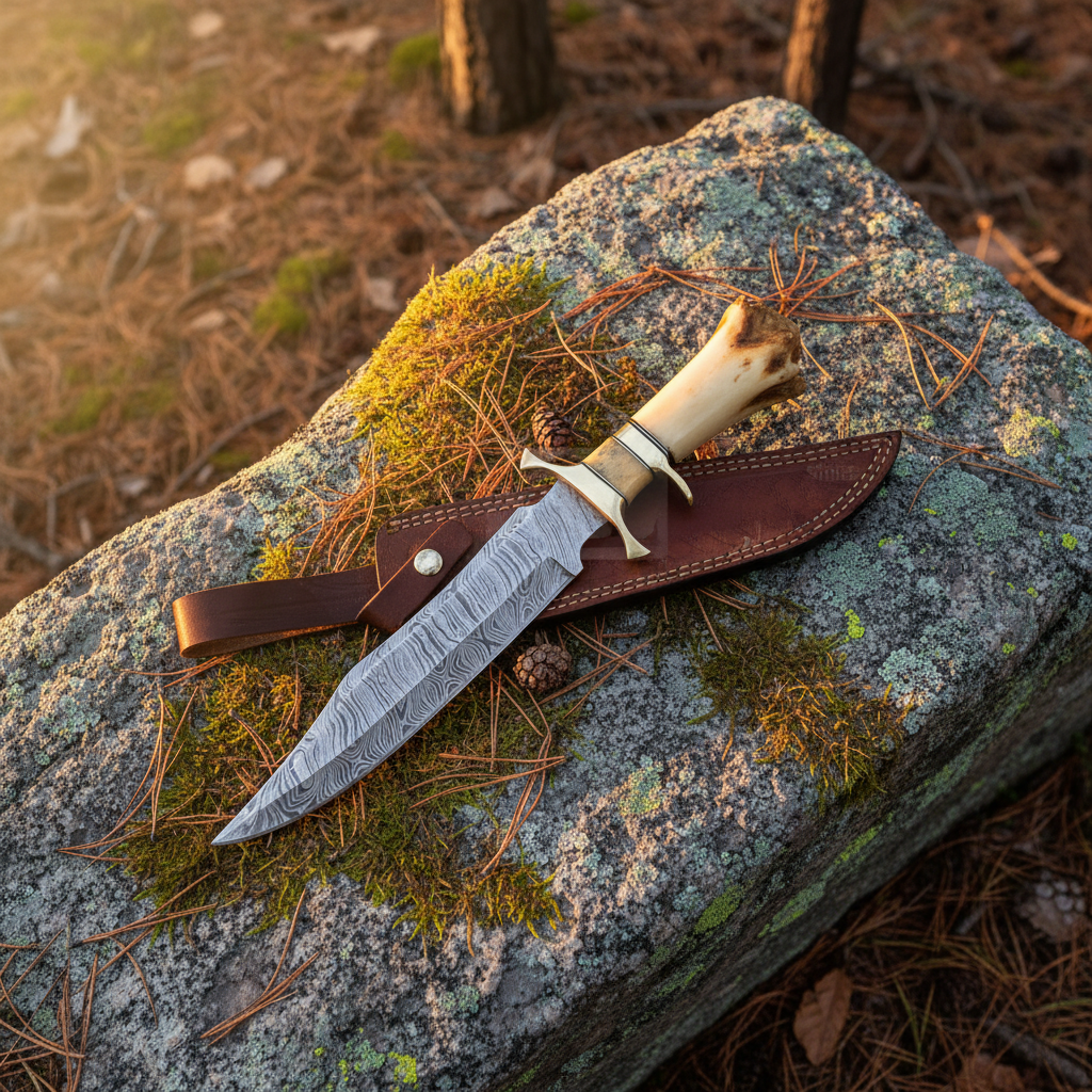 damascus-bowie-knife-flat-lay-granite-rock-leather-sheath-pine-needles