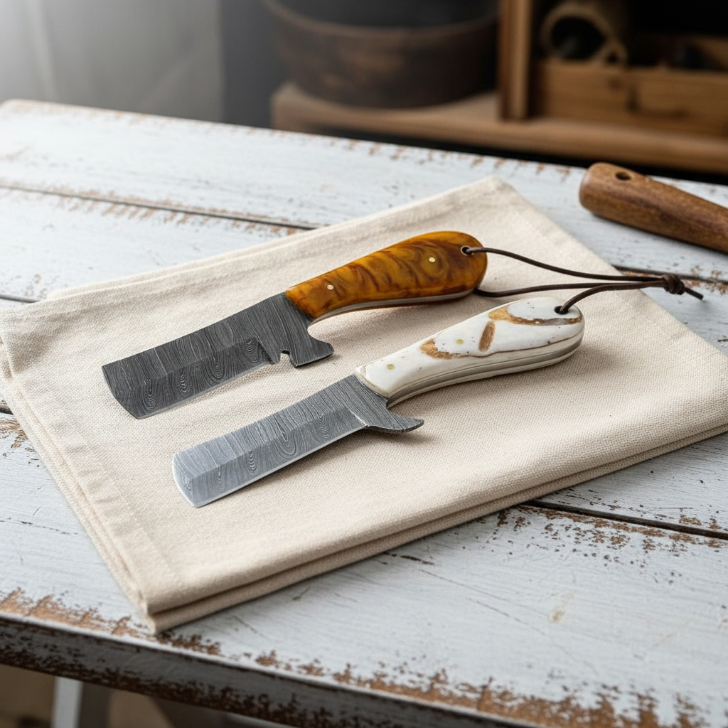 Left-side view of a custom two-piece Damascus Bull Cutter Knife set on a country workshop table