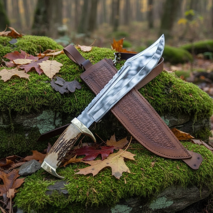 Large American classic Bowie knife with stag antler handle resting on mossy rocks in outdoor forest setting