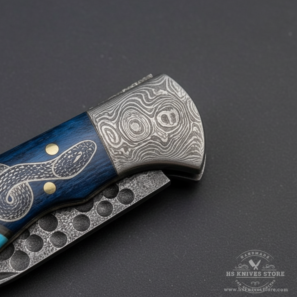 Close-up macro of Damascus steel bolster with hammered dimple texture and blue wood snake engraved handle turquoise inlay on folding knife