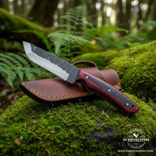 Carbon steel drop point skinner knife with red black pakkawood handle close up prominent on mossy rocks in outdoor forest setting