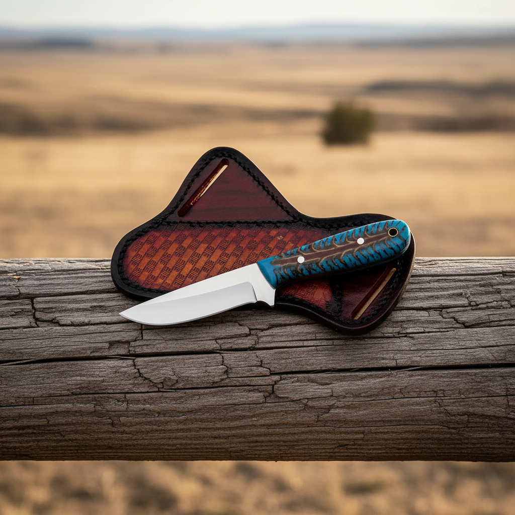 Top-down view of a handcrafted D2 drop-point cowboy knife and separate pancake leather belt sheath on a ranch fence