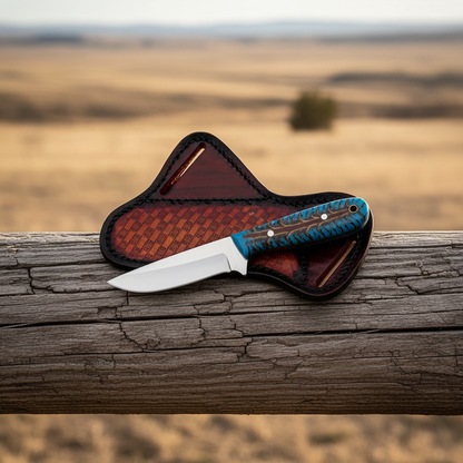 Top-down view of a handcrafted D2 drop-point cowboy knife and separate pancake leather belt sheath on a ranch fence