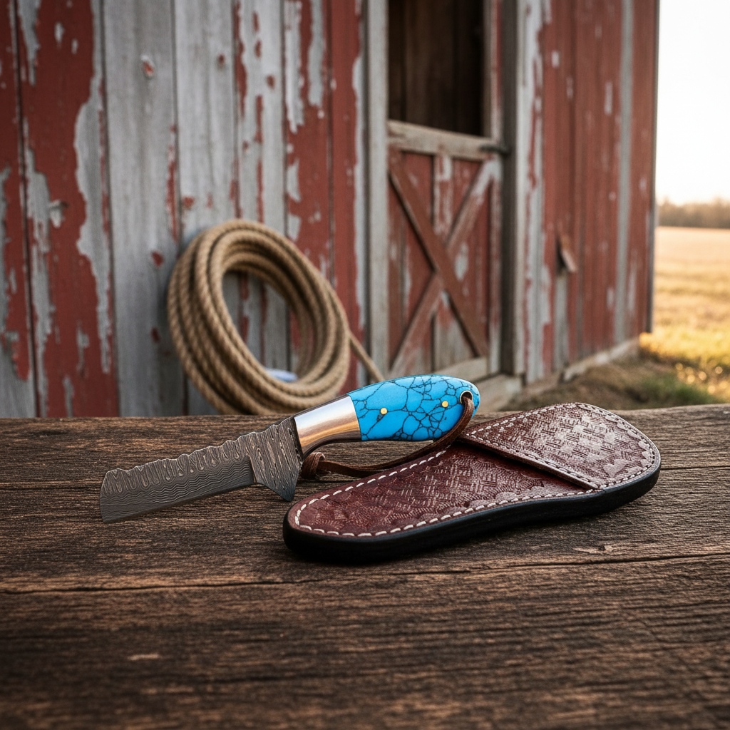 Left-side angle of an 8-inch turquoise Cowboy Bull Cutter Knife with hand-forged 1095 and 15N20 Damascus blade near a ranch barn