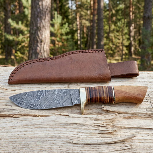 Damascus skinner knife with olivewood handle and separate brown sheath on woodland timber