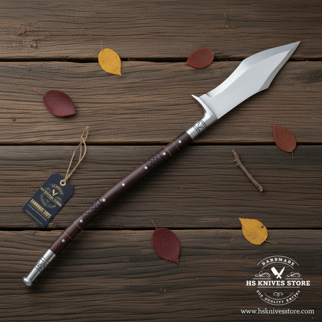 Single fantasy spear with rosewood shaft and saved HS Knives Store hang tag on rustic wood with autumn leaves