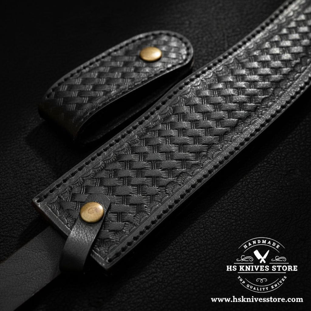 Close-up of black leather basket weave knife sheath with brass snap button and black stitching on dark charcoal background