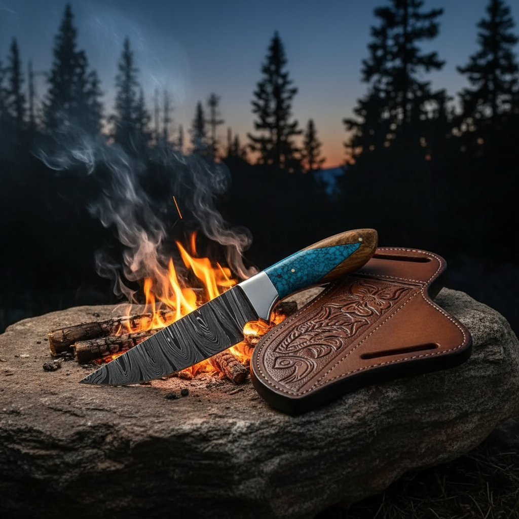 Damascus hunting knife turquoise handle on rock beside campfire dusk wilderness