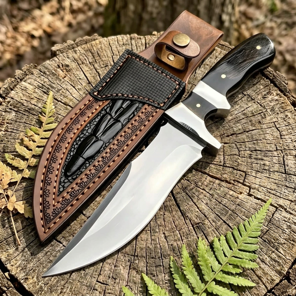 Bowie knife and patterned sheath displayed on a woodland stump