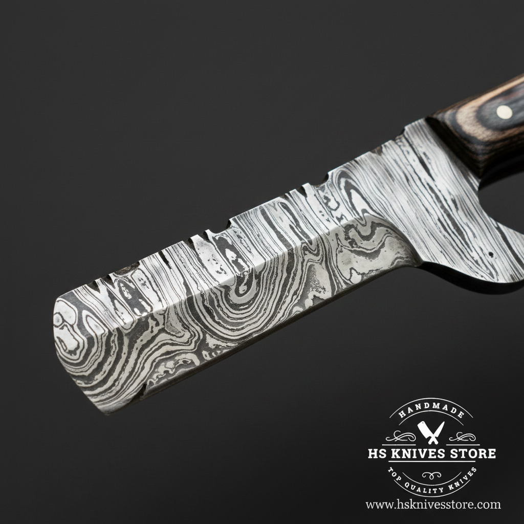 Macro close-up of Damascus steel bull cutter knife blade showing bold wavy ladder Damascus pattern and etched dark finish with bright polished edge