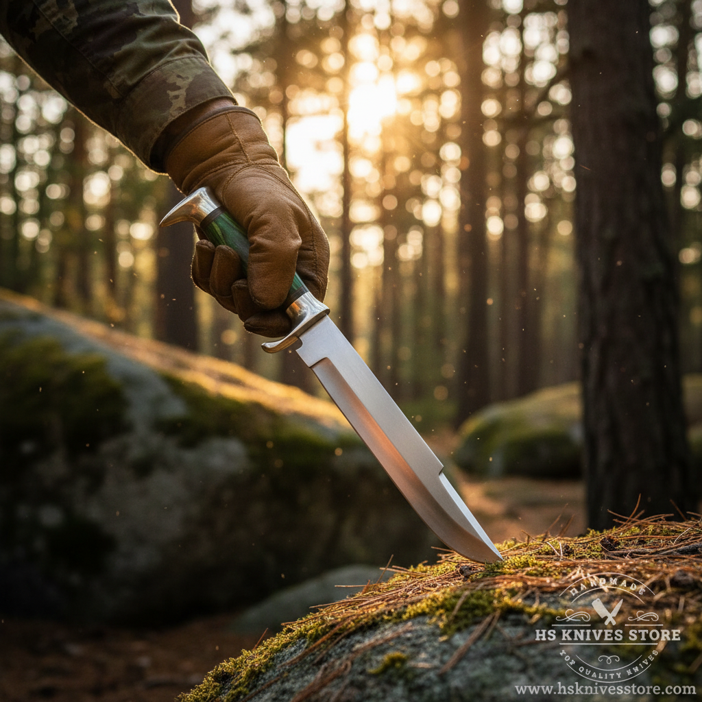 Hunter hand gripping green pakkawood handle D2 steel Bowie knife in action pose outdoor forest golden sunlight
