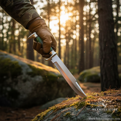 Hunter hand gripping green pakkawood handle D2 steel Bowie knife in action pose outdoor forest golden sunlight