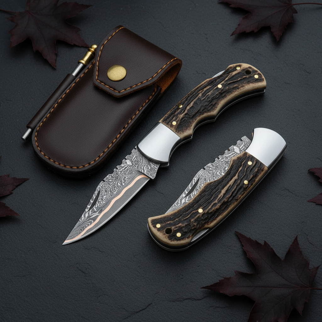 Damascus folding pocket knife displayed vertically on dark slate with stag handle and leather sheath luxury shot