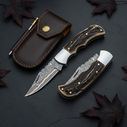 Damascus folding pocket knife displayed vertically on dark slate with stag handle and leather sheath luxury shot