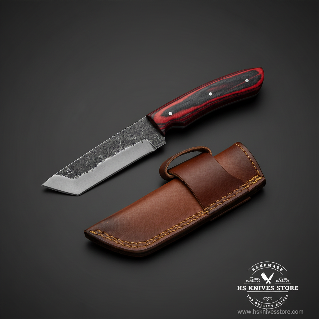 Carbon steel drop point skinner knife with red black pakkawood handle and brown leather sheath studio mirror view facing left