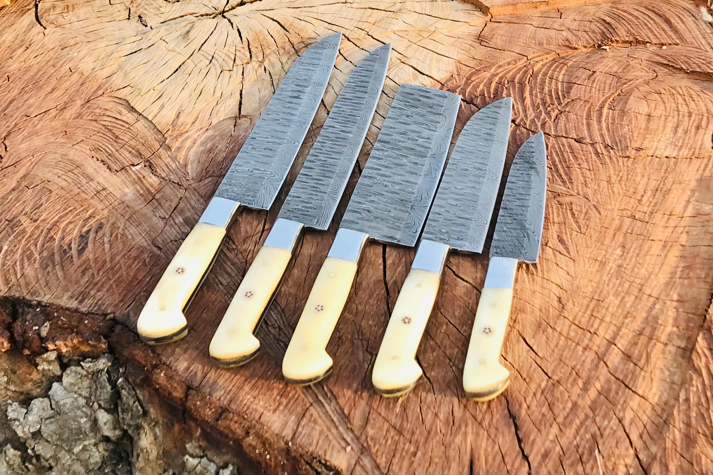 HS-152 Custom handmade Damascus 5 pecs chef set’ kitchen knives ‘ git for him ‘ gift for Dad ‘camel bone handle