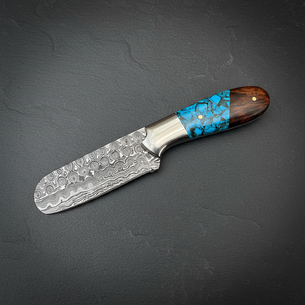 handmade-damascus-bull-cutter-knife-flat-dark-slate-turquoise-walnut-handle