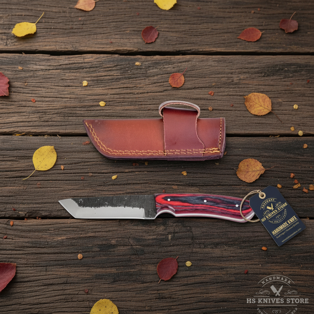 Carbon steel skinner knife flat lay with red black pakkawood handle hang tag and brown leather sheath on dark rustic wood with autumn leaves
