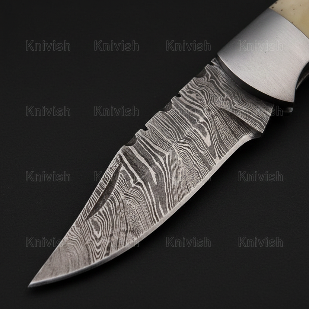 Macro detail of hand-forged Damascus steel blade showing bold wavy layered pattern on folding pocket knife