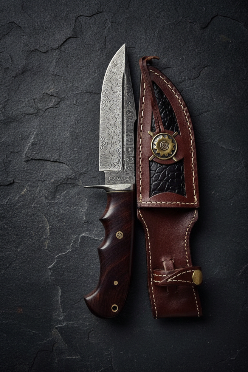Vertical luxury shot of handmade Damascus hunting knife on dark slate background blade pointing up