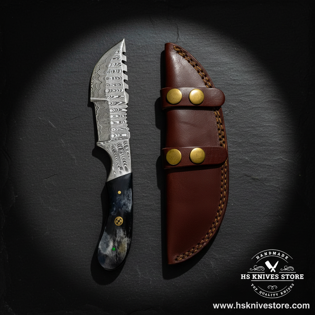 Damascus steel gut hook knife displayed vertically on dark slate with bone handle and dark brown leather sheath luxury shot
