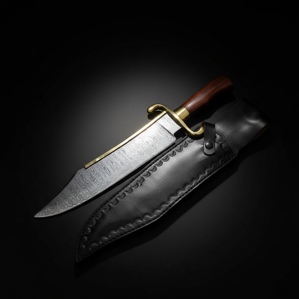 Handmade Damascus steel Bowie knife with rosewood handle and brass guard on black studio background left facing mirror