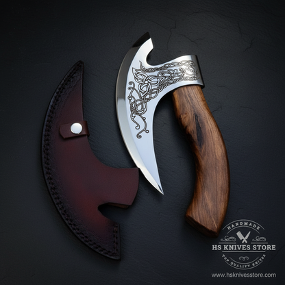 Vertical luxury shot of Viking pizza axe Celtic etched blade walnut handle on dark slate background pointing up