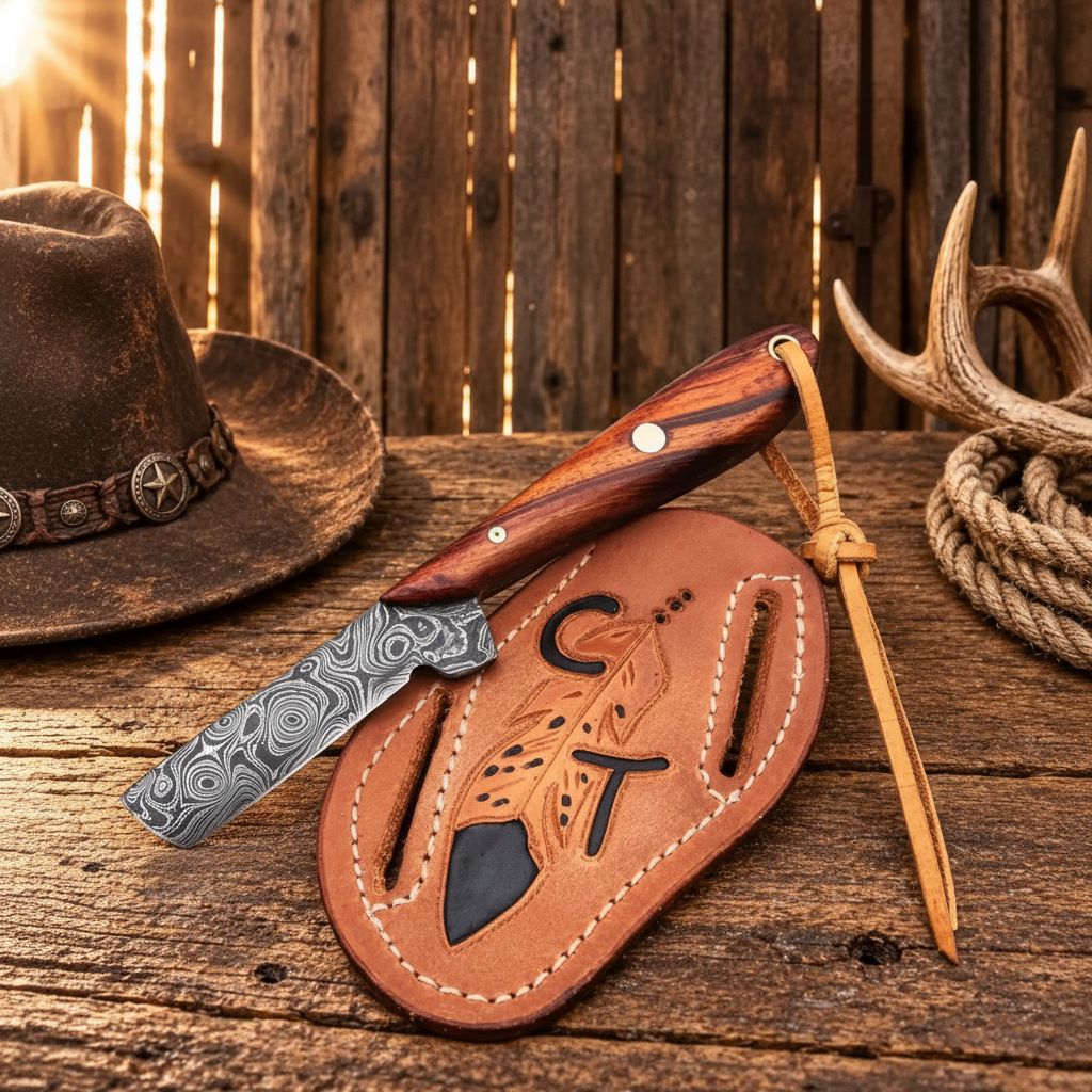 Handmade Damascus Bull Cutter Knife with rose wood handle and pancake belt sheath in a western gift display